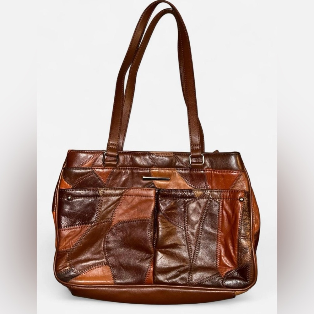 Vintage Patchwork Leather Tote Bag - Brown